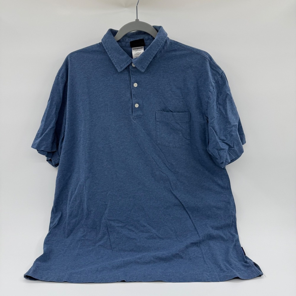 Patagonia‎ Mens XL Organic Cotton Short Sleeve Polo Shirt Blue Heathered Pocket